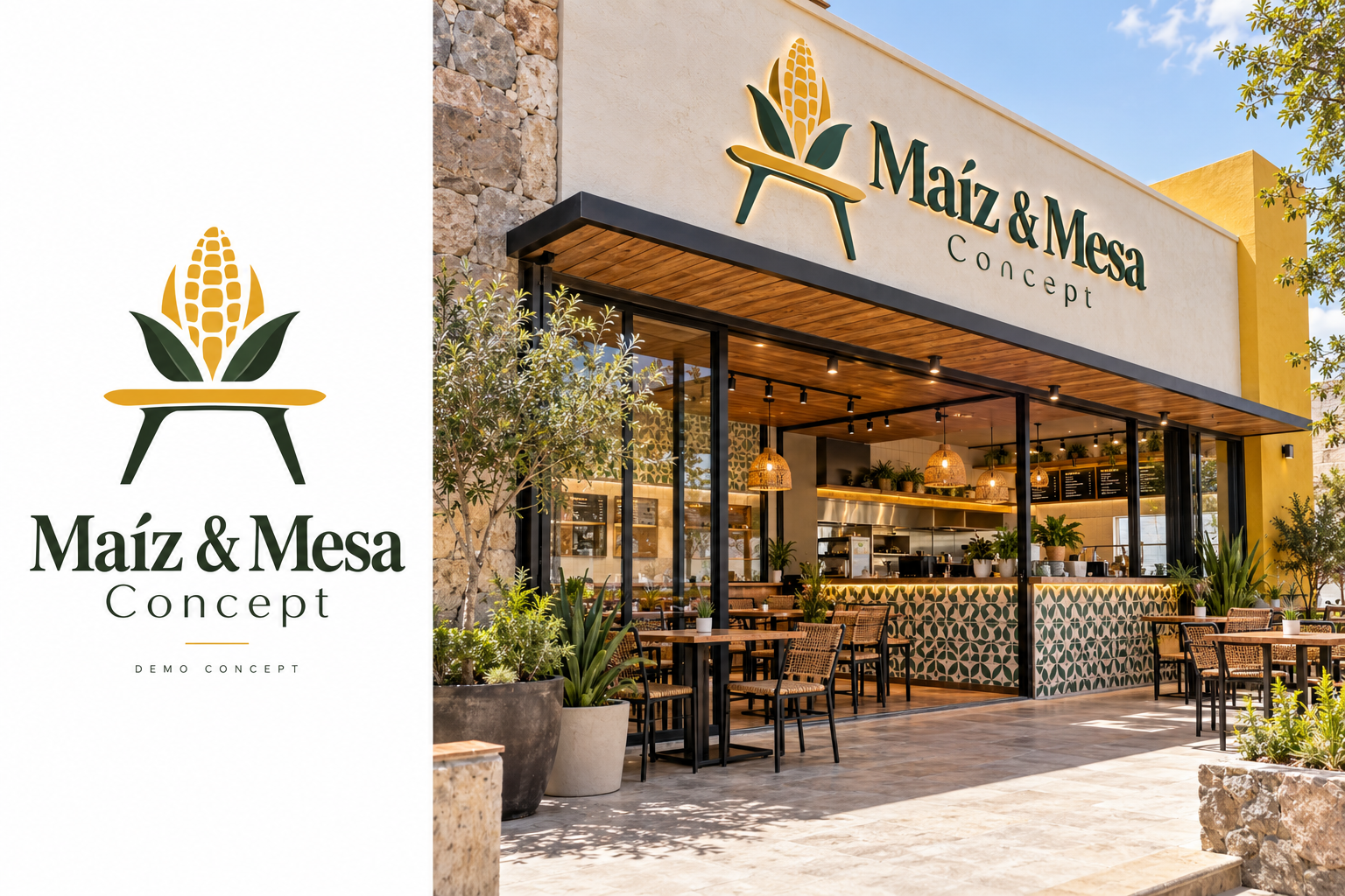 Maíz & Mesa Concept (Demo) — fictional logo and establishment concept