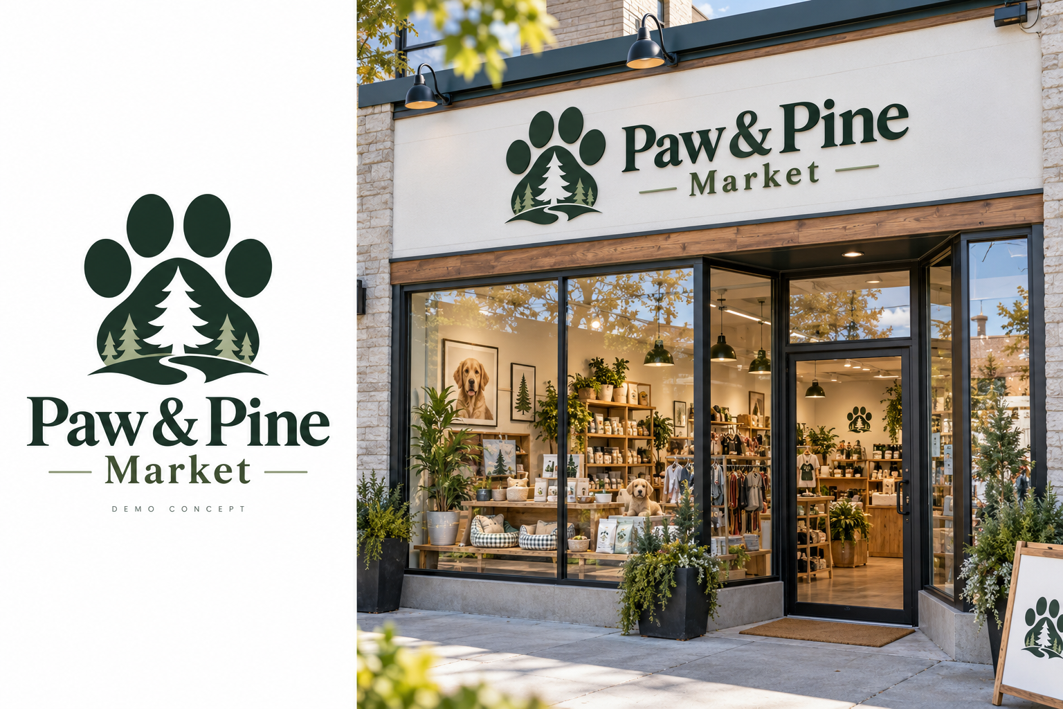 Paw & Pine Market (Demo) — fictional logo and establishment concept