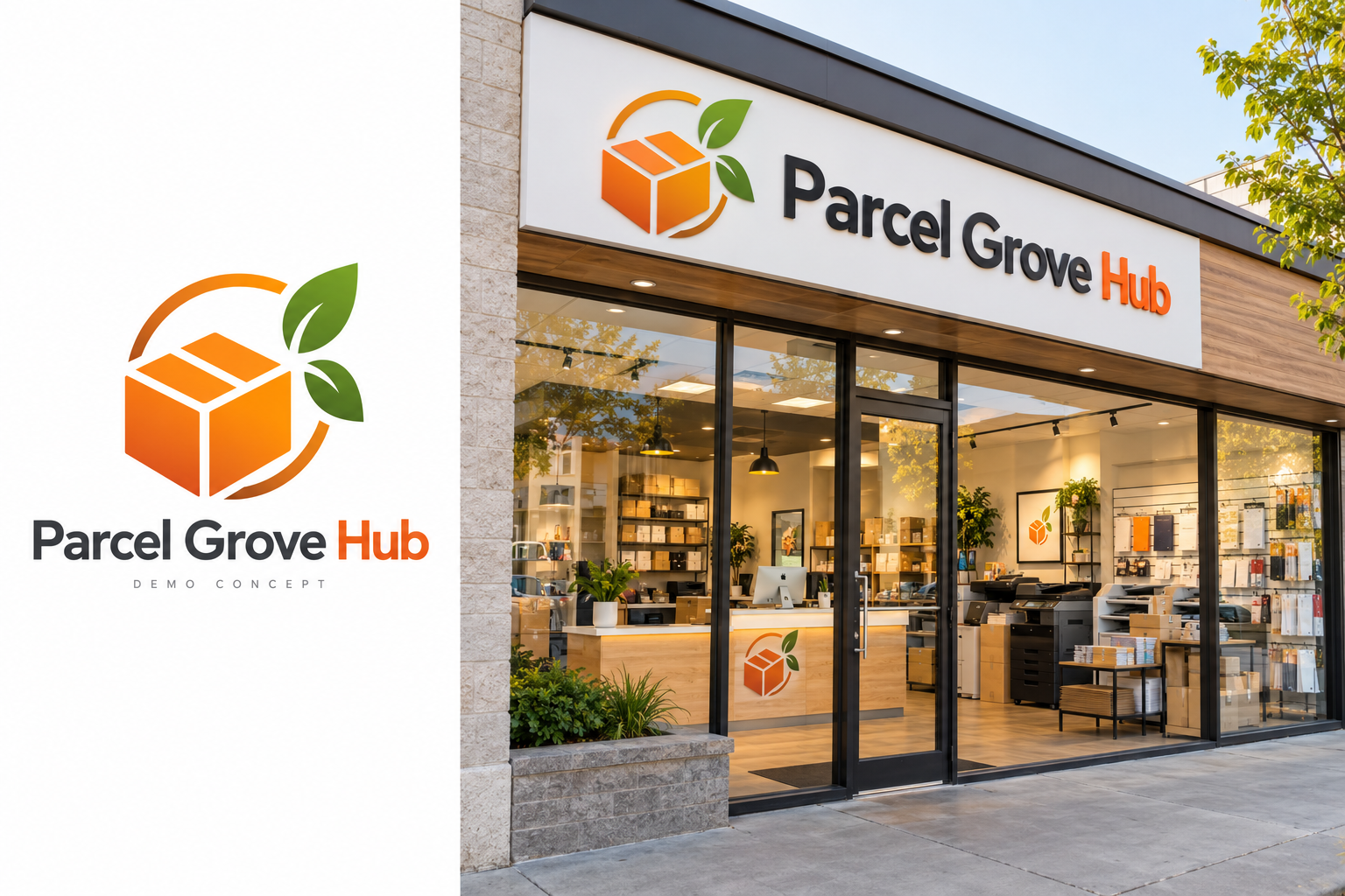 Parcel Grove Hub (Demo) — fictional logo and establishment concept